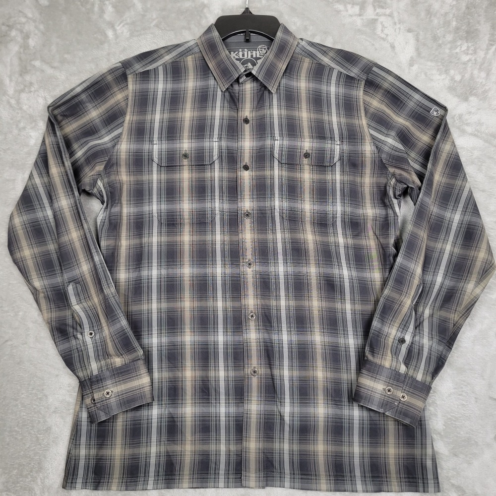 Kuhl Eluxur Shirt Men's M Gray Brown Plaid Hiking Outdoor Long Sleeve Button Up